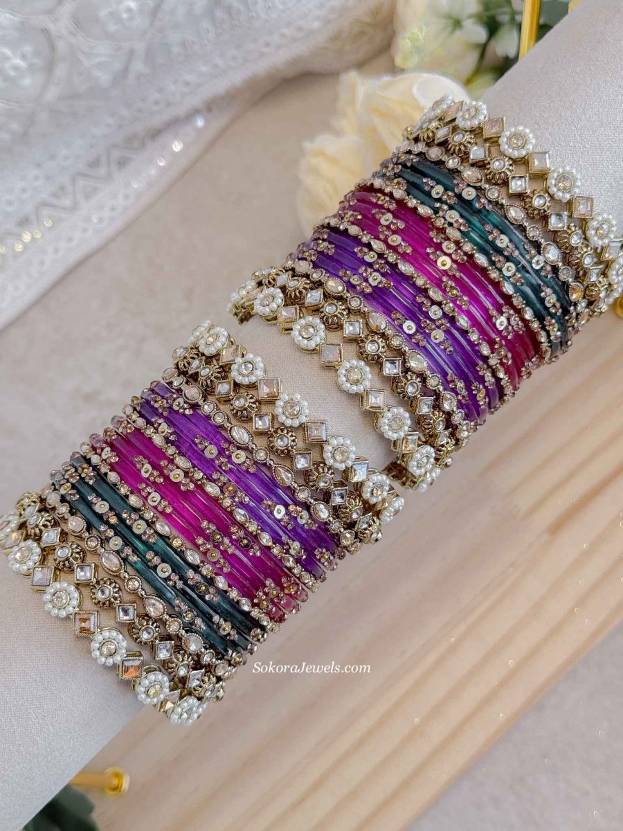 Teal, Pink & Purple Glass Bangle set - SOKORA JEWELSTeal, Pink & Purple Glass Bangle setBANGLES