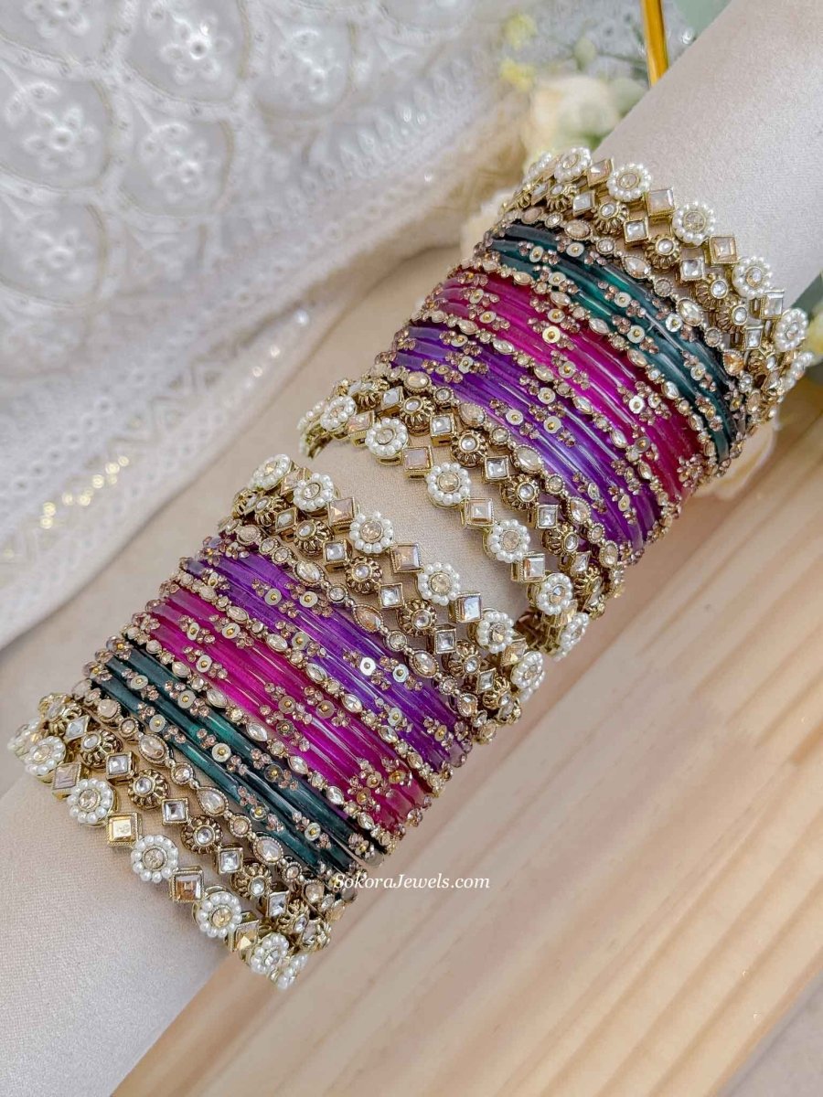 Teal, Pink & Purple Glass Bangle set - SOKORA JEWELSTeal, Pink & Purple Glass Bangle setBANGLES