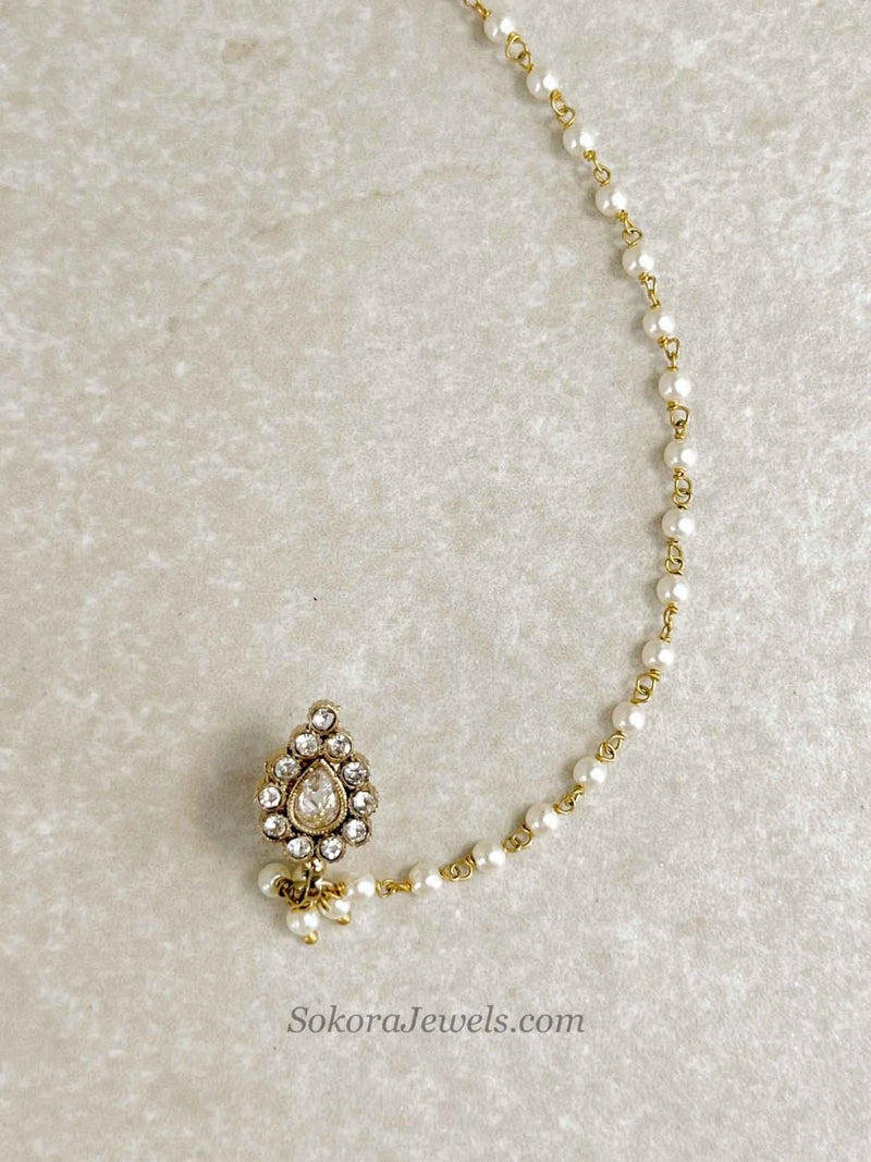 Tear drop Nose Ring with Pearl Chain - SOKORA JEWELSTear drop Nose Ring with Pearl Chain