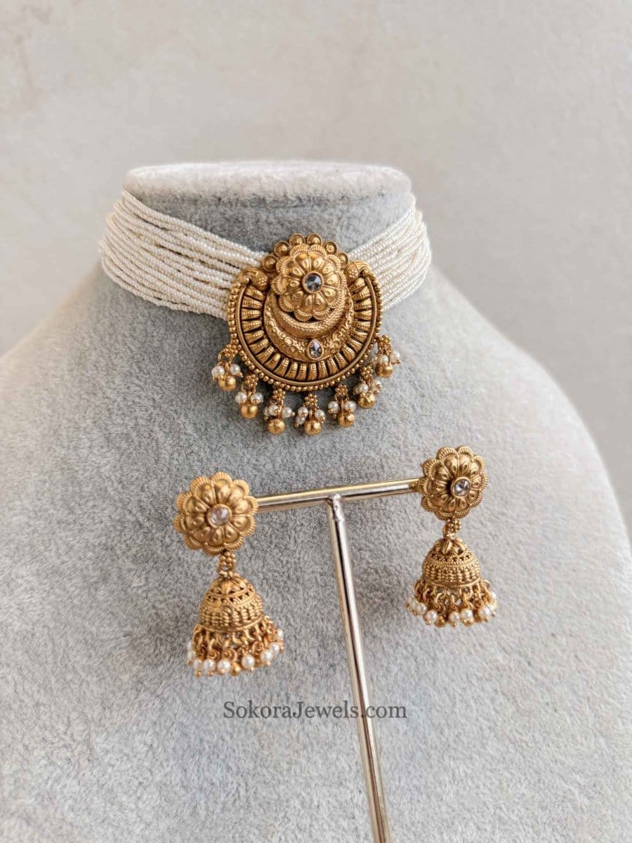 Temple Gold & Pearl Choker set - SOKORA JEWELSTemple Gold & Pearl Choker setNECKLACE SETS
