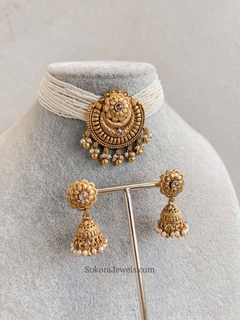 Temple Gold & Pearl Choker set - SOKORA JEWELSTemple Gold & Pearl Choker setNECKLACE SETS