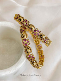 Temple Peacock Bangles – Antique Gold & Ruby Pink Stones - SOKORA JEWELSTemple Peacock Bangles – Antique Gold & Ruby Pink StonesBANGLES