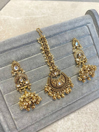 Temple Style Jhumka Earrings & Tikka Set - SOKORA JEWELSTemple Style Jhumka Earrings & Tikka Set