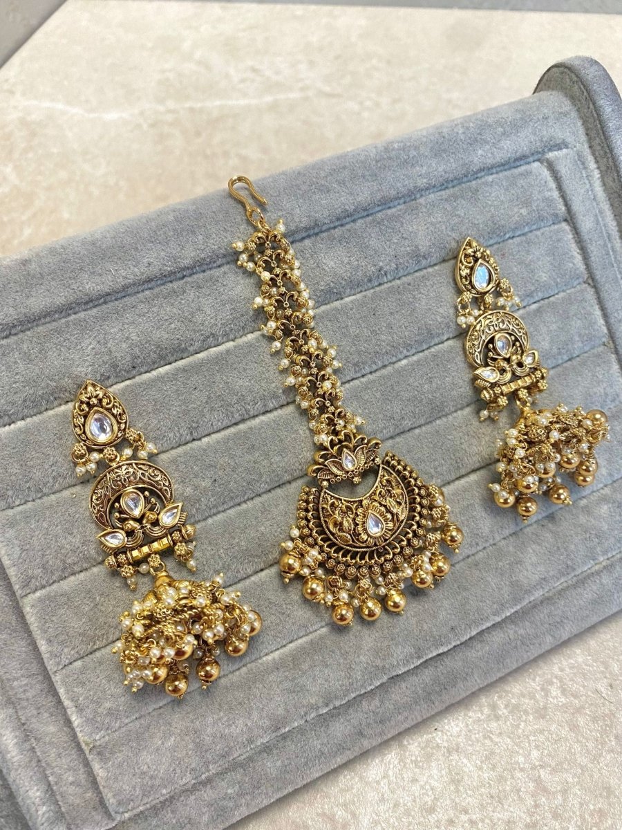 Temple Style Jhumka Earrings & Tikka Set - SOKORA JEWELSTemple Style Jhumka Earrings & Tikka Set