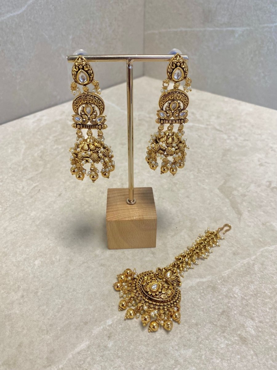Temple Style Jhumka Earrings & Tikka Set - SOKORA JEWELSTemple Style Jhumka Earrings & Tikka Set