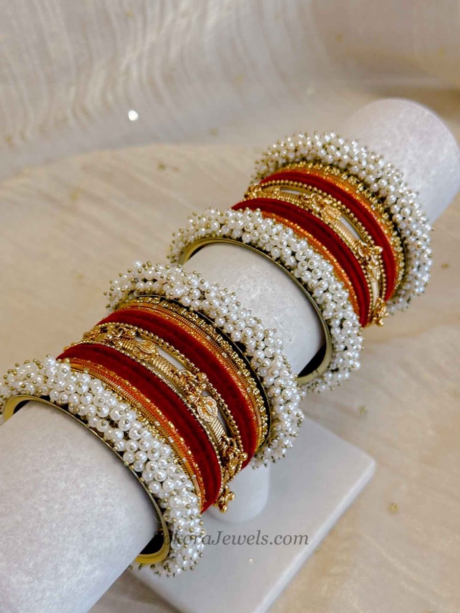 Thanjina Mini Red Bridal Pearl Bangle Set - SOKORA JEWELSThanjina Mini Red Bridal Pearl Bangle SetBANGLES
