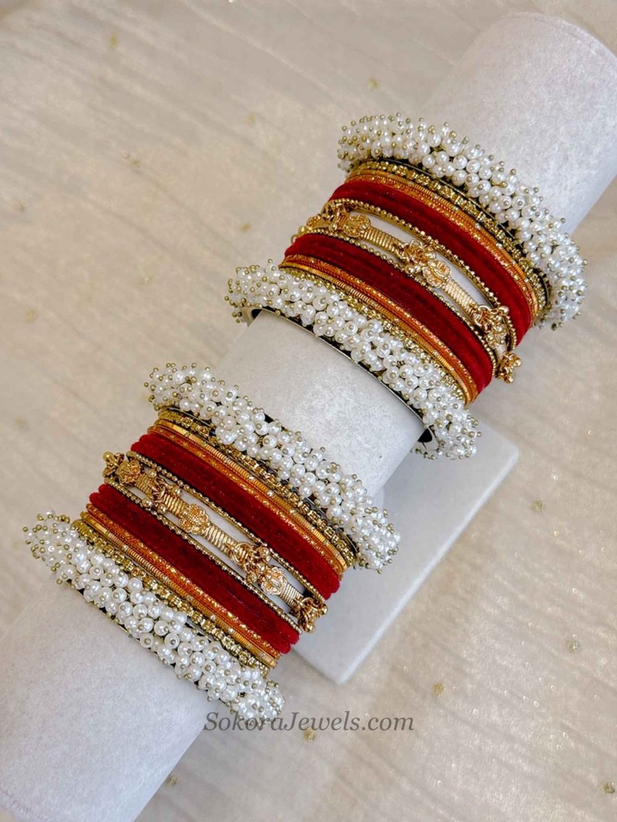 Thanjina Mini Red Bridal Pearl Bangle Set - SOKORA JEWELSThanjina Mini Red Bridal Pearl Bangle SetBANGLES