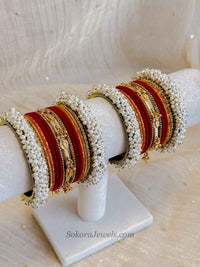 Thanjina Mini Red Bridal Pearl Bangle Set - SOKORA JEWELSThanjina Mini Red Bridal Pearl Bangle SetBANGLES