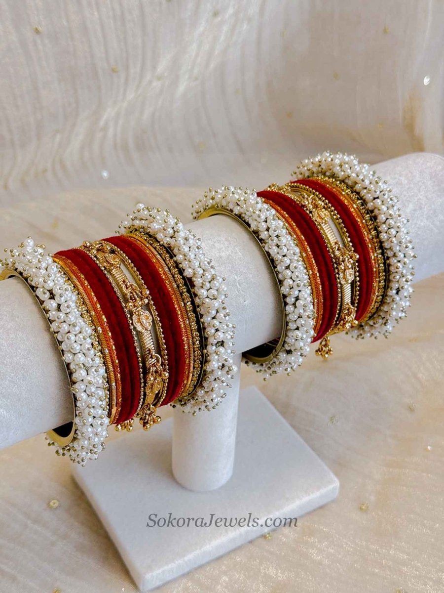 Thanjina Mini Red Bridal Pearl Bangle Set - SOKORA JEWELSThanjina Mini Red Bridal Pearl Bangle SetBANGLES