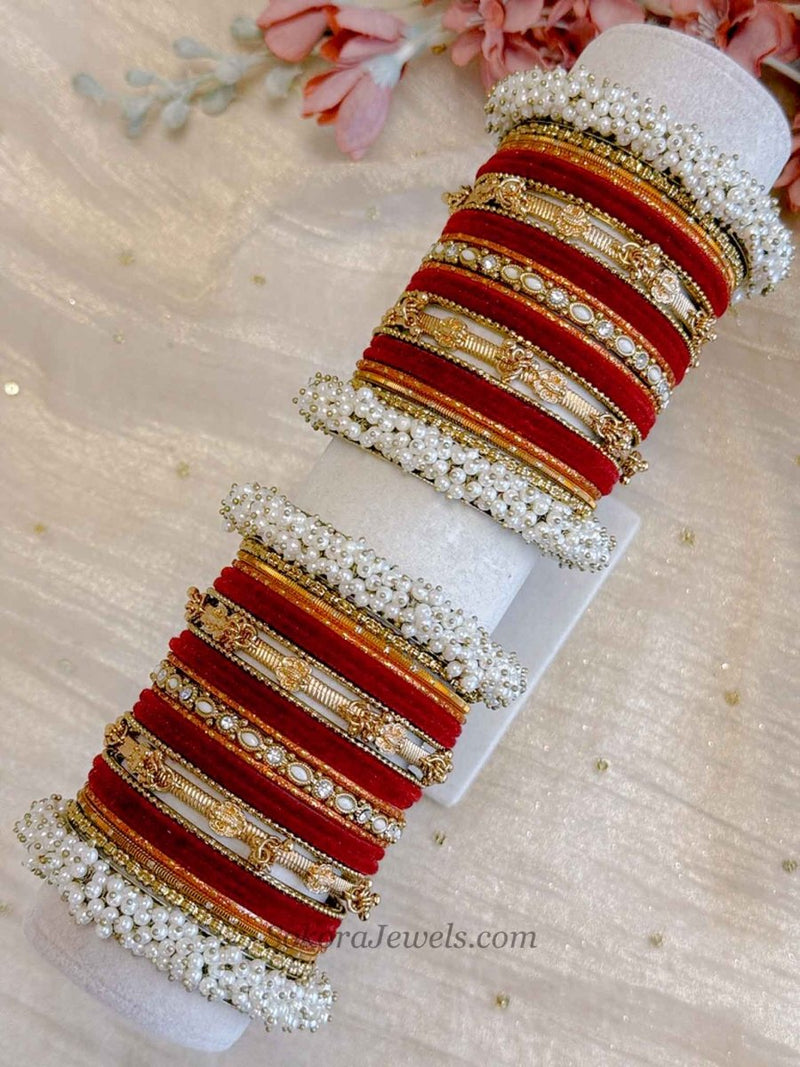 Thanjina Red Bridal Pearl Bangle Set – Indian Wedding Chura - SOKORA JEWELSThanjina Red Bridal Pearl Bangle Set – Indian Wedding ChuraBANGLES