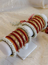 Thanjina Red Bridal Pearl Bangle Set – Indian Wedding Chura - SOKORA JEWELSThanjina Red Bridal Pearl Bangle Set – Indian Wedding ChuraBANGLES
