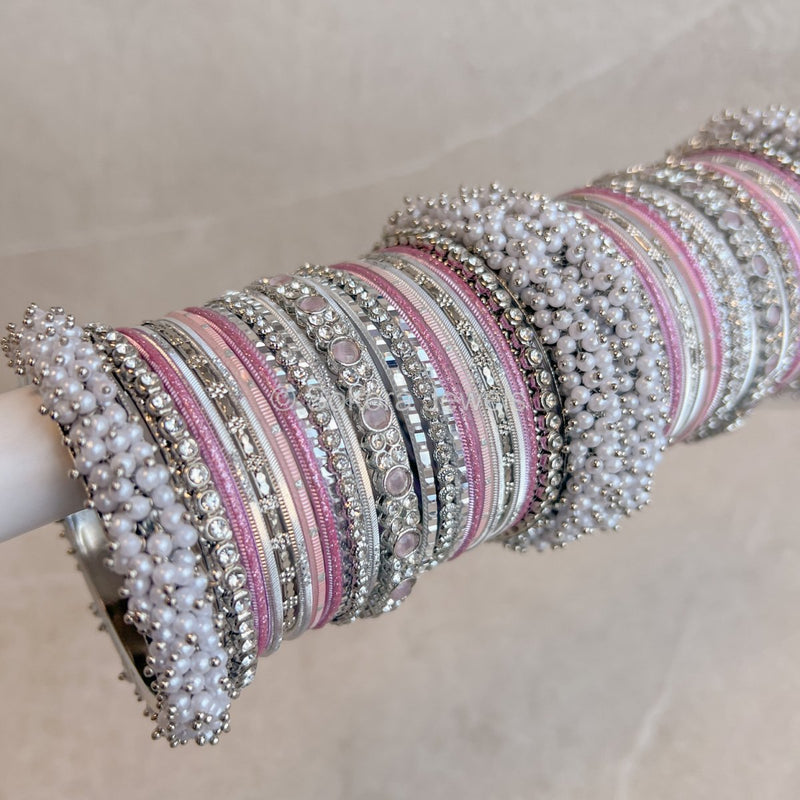 Thanjina Silver and Pink Bangles Stack - SOKORA JEWELSThanjina Silver and Pink Bangles StackBANGLES