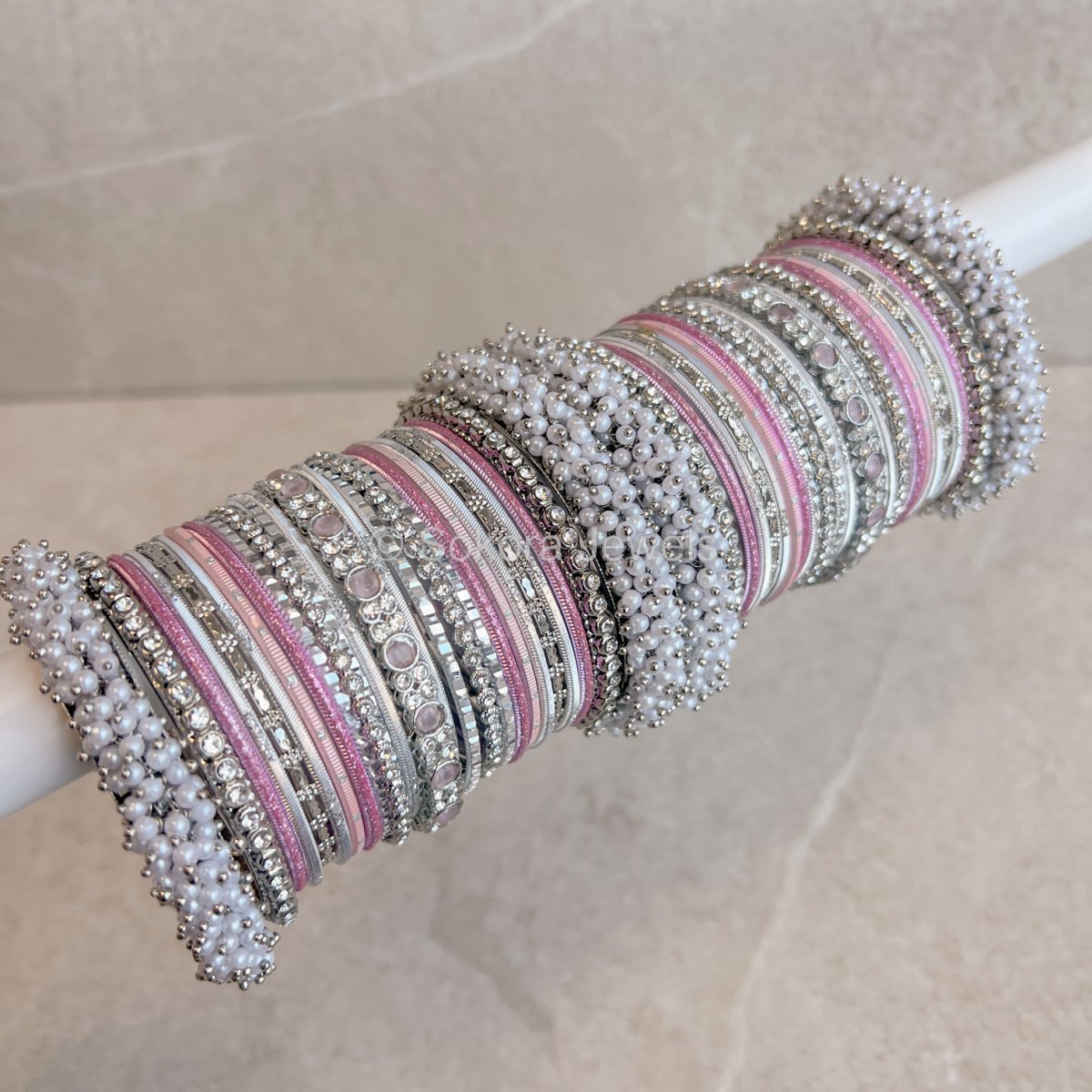 Thanjina Silver and Pink Bangles Stack - SOKORA JEWELSThanjina Silver and Pink Bangles StackBANGLES