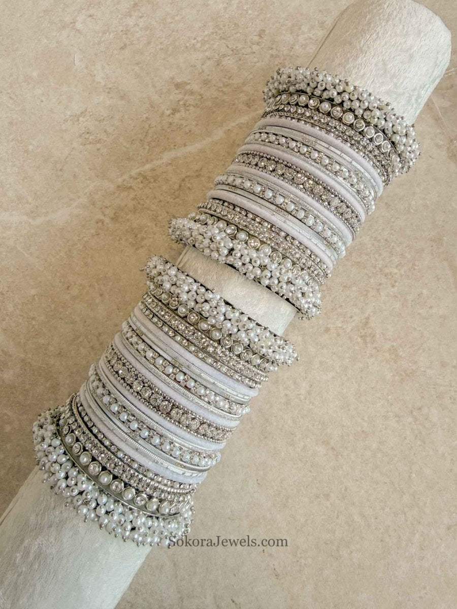 Thanjina Silver Pearly Bangle stack - SOKORA JEWELSThanjina Silver Pearly Bangle stackBANGLES
