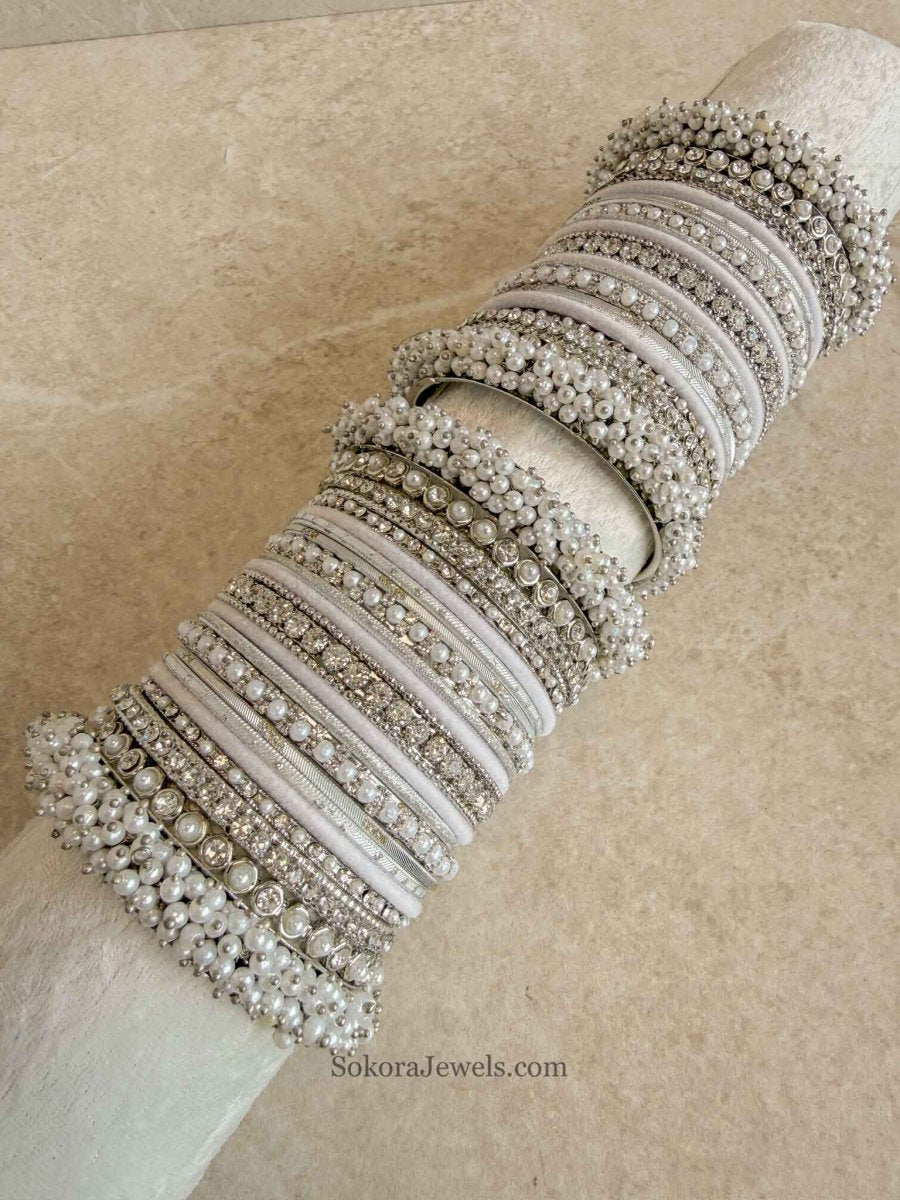 Thanjina Silver Pearly Bangle stack - SOKORA JEWELSThanjina Silver Pearly Bangle stackBANGLES