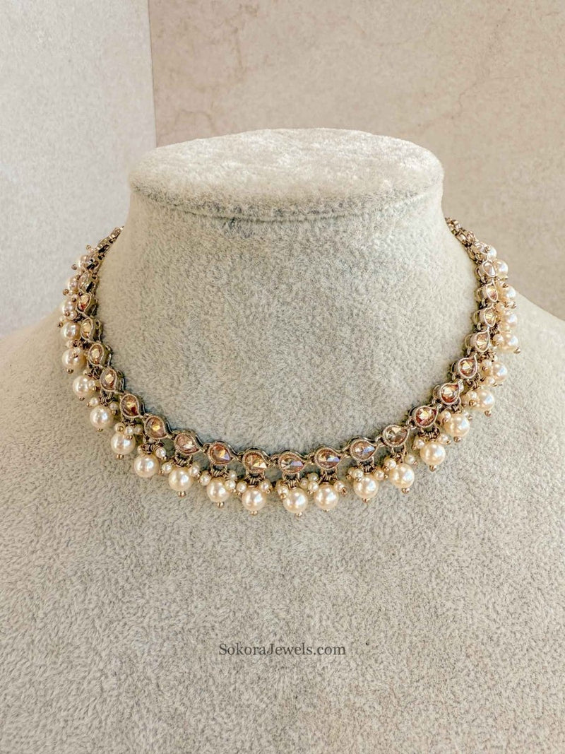 Thin Drop Crystal & Pearl Necklace - SOKORA JEWELSThin Drop Crystal & Pearl NecklaceChoker Sets