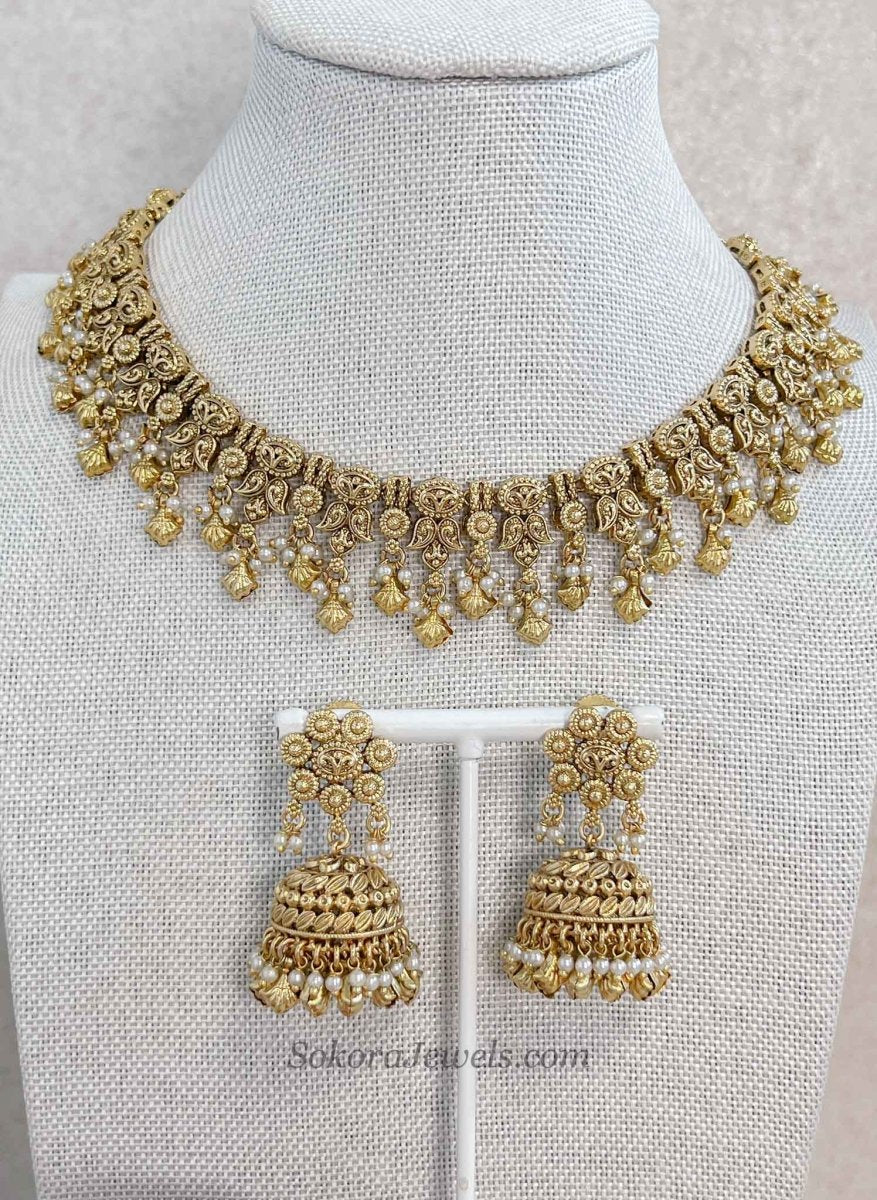 Thivika Gold Plated Necklace & Jhumka Earring Set - SOKORA JEWELSThivika Gold Plated Necklace & Jhumka Earring Set