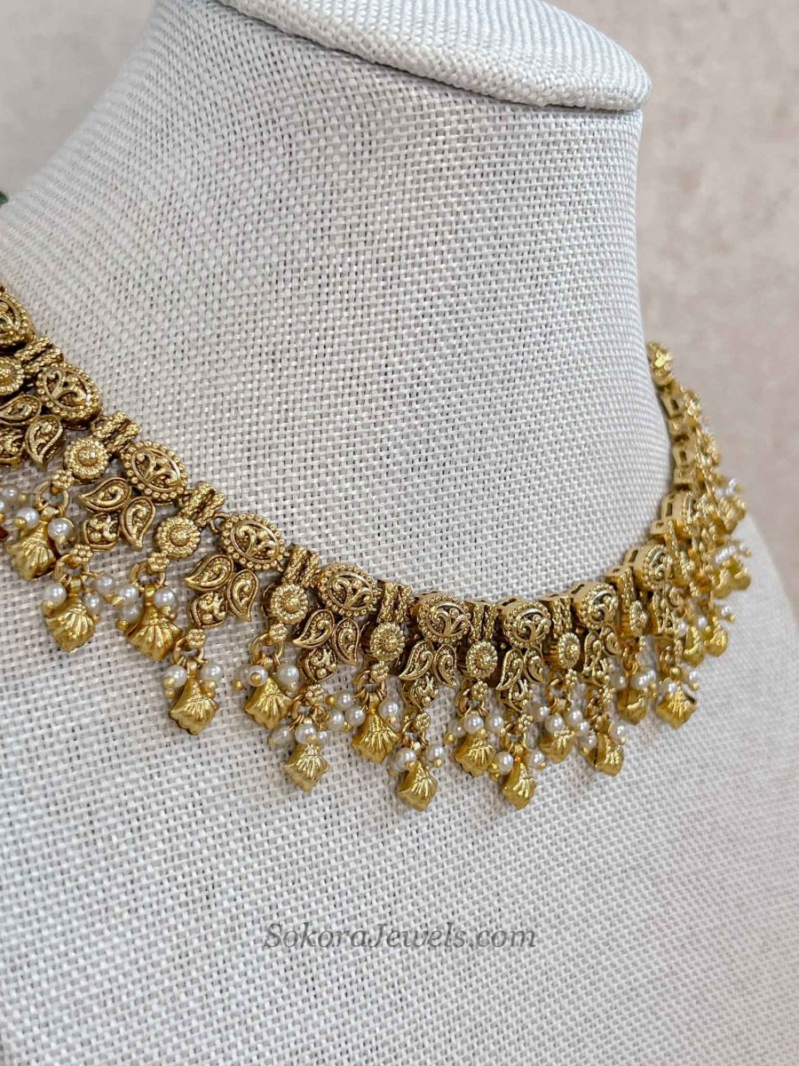 Thivika Gold Plated Necklace & Jhumka Earring Set - SOKORA JEWELSThivika Gold Plated Necklace & Jhumka Earring Set