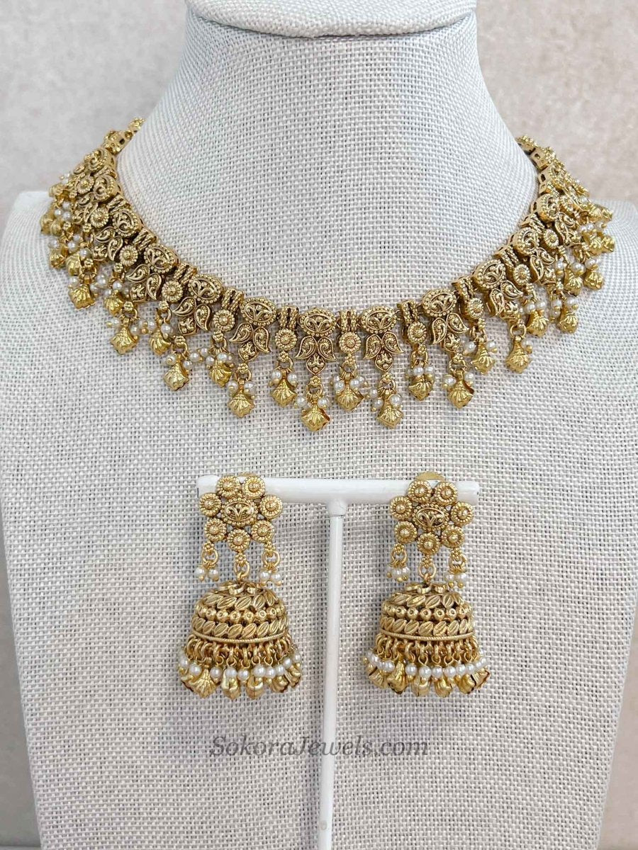 Thivika Gold Plated Necklace & Jhumka Earring Set - SOKORA JEWELSThivika Gold Plated Necklace & Jhumka Earring Set