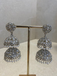 Tiered Silver Jhumka Earrings - Pearl - SOKORA JEWELSTiered Silver Jhumka Earrings - Pearl