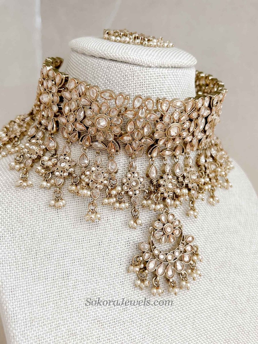 Tina Bridal Choker set - Champagne with Small Pearls - SOKORA JEWELSTina Bridal Choker set - Champagne with Small Pearls