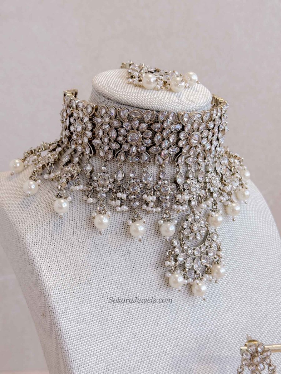 Tina Indian Bridal Choker Set - Clear Crystal - SOKORA JEWELSTina Indian Bridal Choker Set - Clear Crystal
