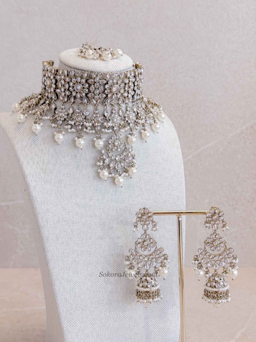 Tina Indian Bridal Choker Set - Clear Crystal - SOKORA JEWELSTina Indian Bridal Choker Set - Clear Crystal
