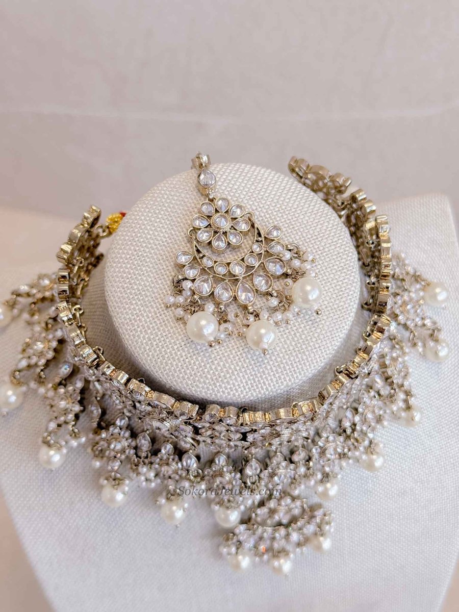 Tina Indian Bridal Choker Set - Clear Crystal - SOKORA JEWELSTina Indian Bridal Choker Set - Clear Crystal