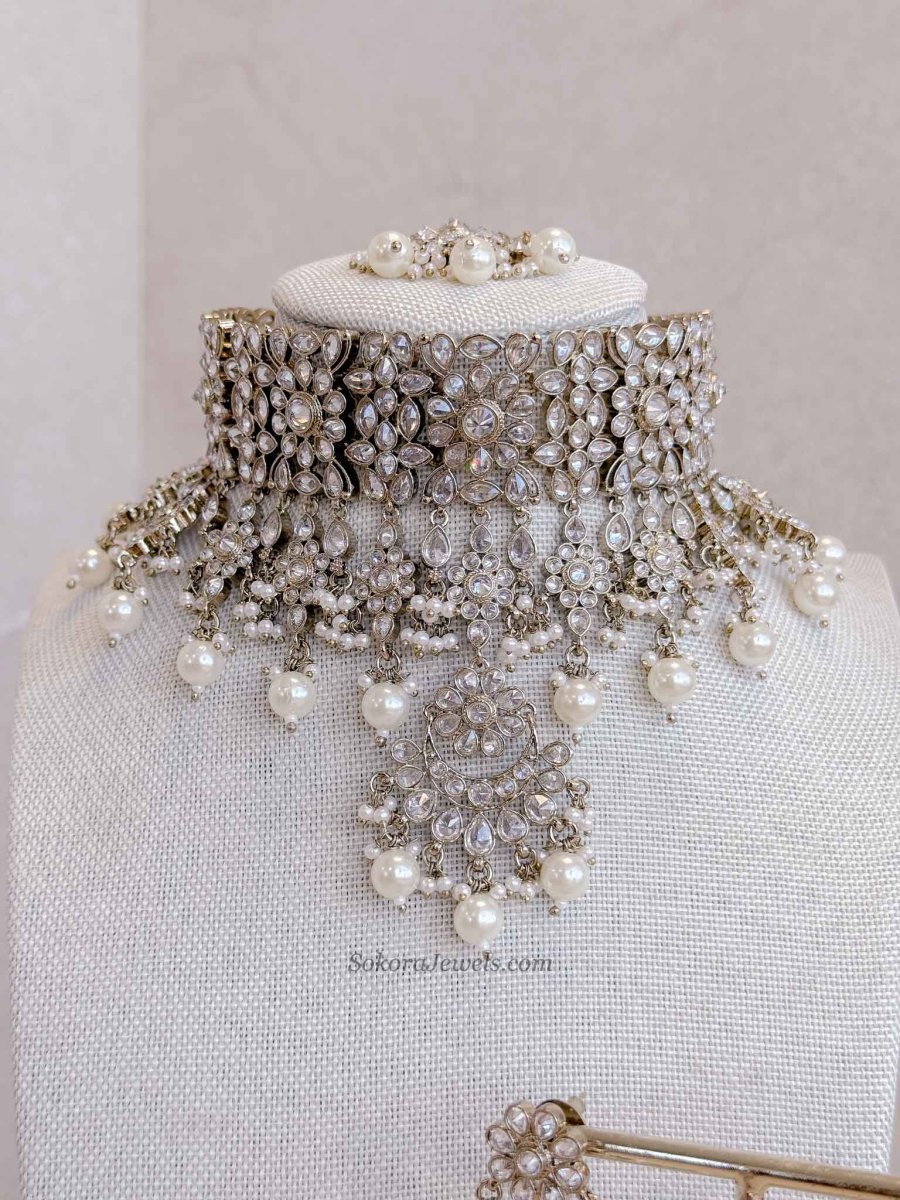 Tina Indian Bridal Choker Set - Clear Crystal - SOKORA JEWELSTina Indian Bridal Choker Set - Clear Crystal