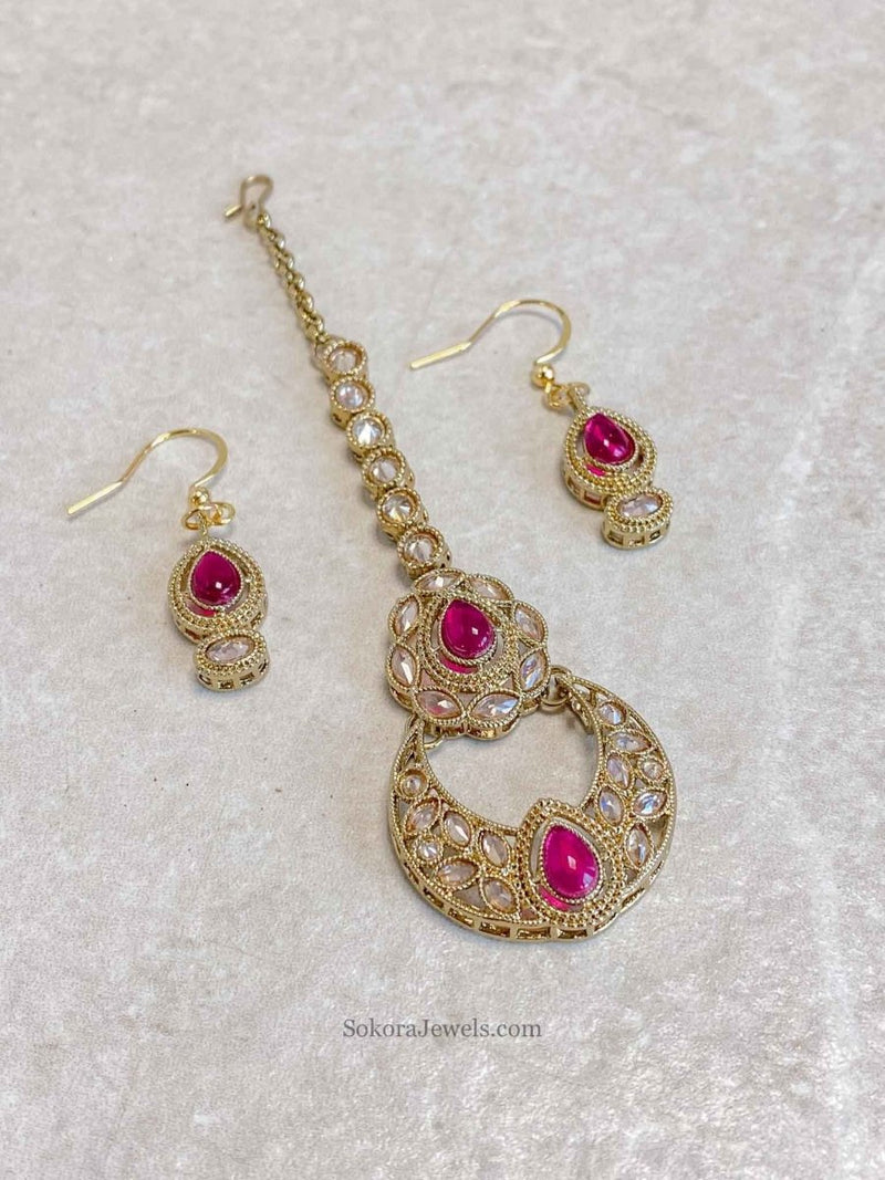 Tiny Earring and Tikka set - Magenta - SOKORA JEWELSTiny Earring and Tikka set - Magenta