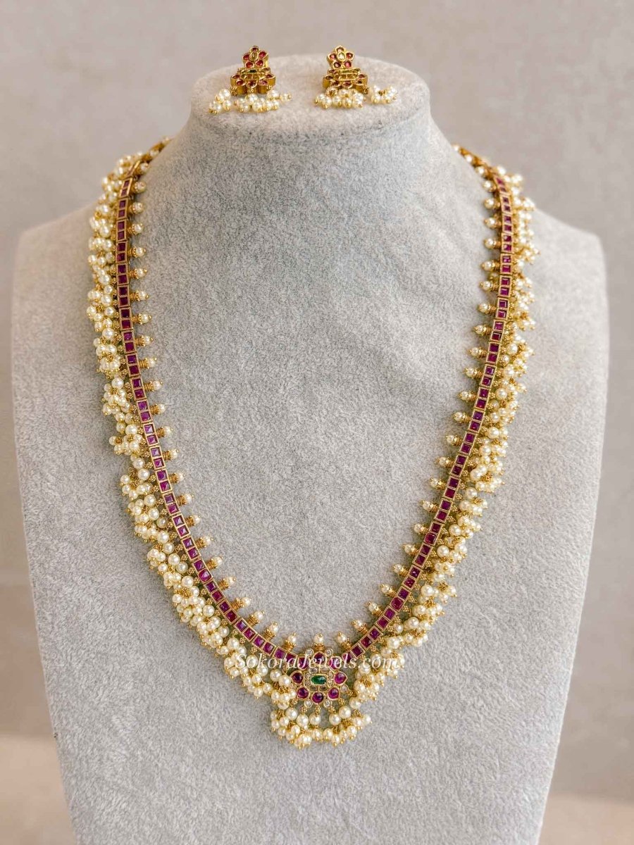 Traditional Guttapusalu Mala Set with Ruby Stones & Pearl Clusters - SOKORA JEWELSTraditional Guttapusalu Mala Set with Ruby Stones & Pearl Clusters