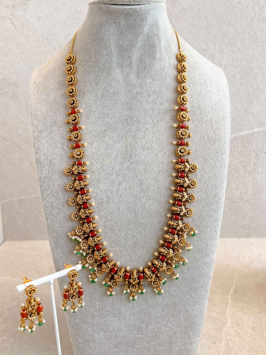 Traditional Lakshmi Mala Set with Ruby and Green Detailing - SOKORA JEWELSTraditional Lakshmi Mala Set with Ruby and Green Detailing
