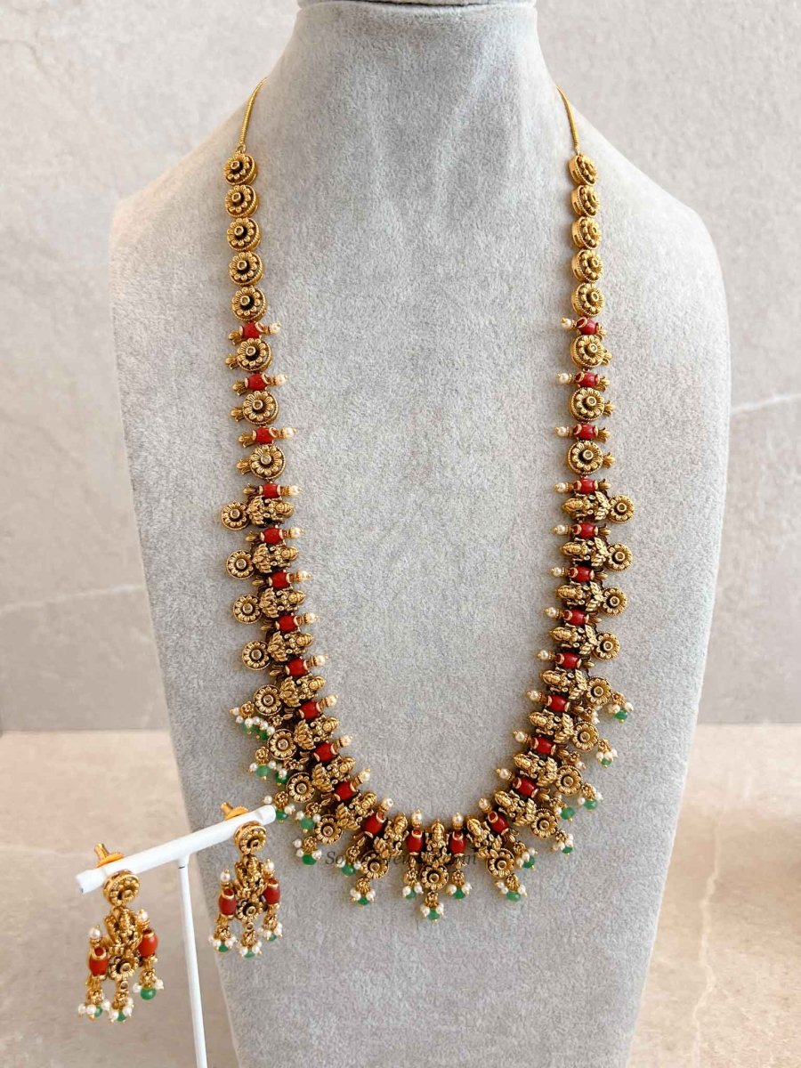 Traditional Lakshmi Mala Set with Ruby and Green Detailing - SOKORA JEWELSTraditional Lakshmi Mala Set with Ruby and Green Detailing