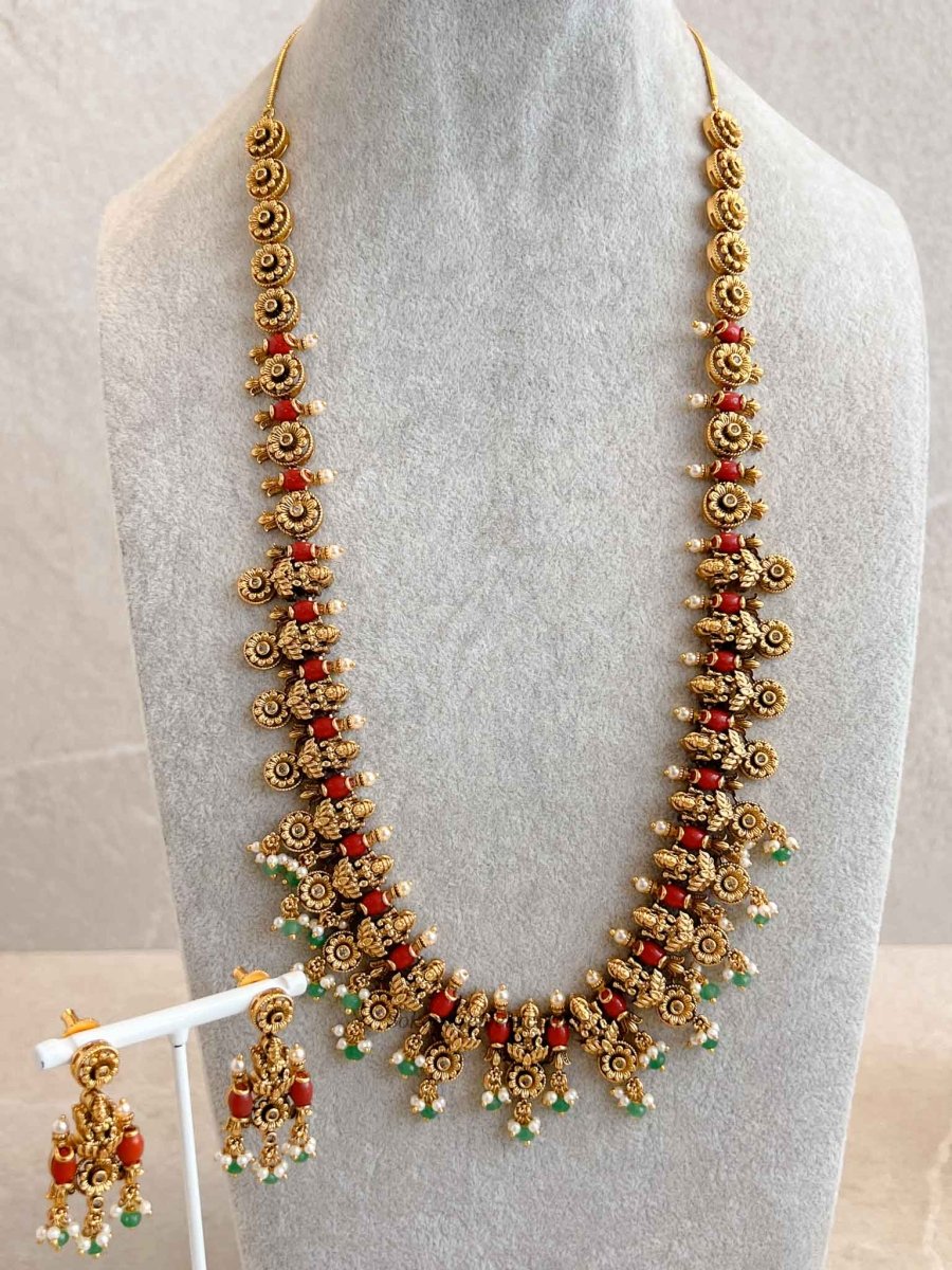 Traditional Lakshmi Mala Set with Ruby and Green Detailing - SOKORA JEWELSTraditional Lakshmi Mala Set with Ruby and Green Detailing