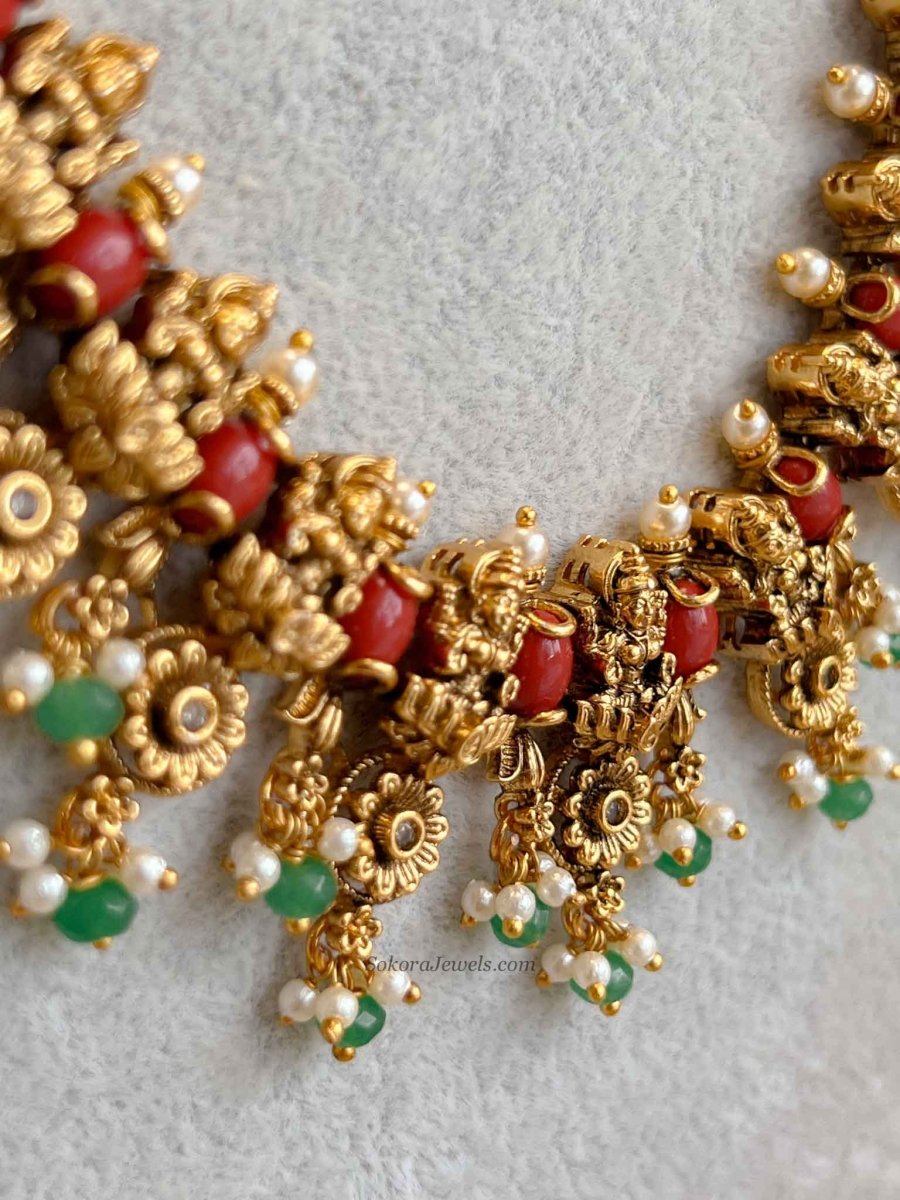 Traditional Lakshmi Mala Set with Ruby and Green Detailing - SOKORA JEWELSTraditional Lakshmi Mala Set with Ruby and Green Detailing
