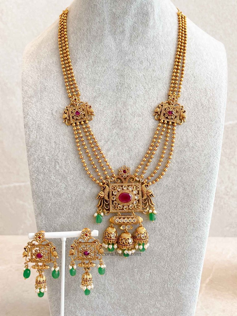 Traditional Square Pendant Mala Set with Ruby and Green Stones - SOKORA JEWELSTraditional Square Pendant Mala Set with Ruby and Green Stones