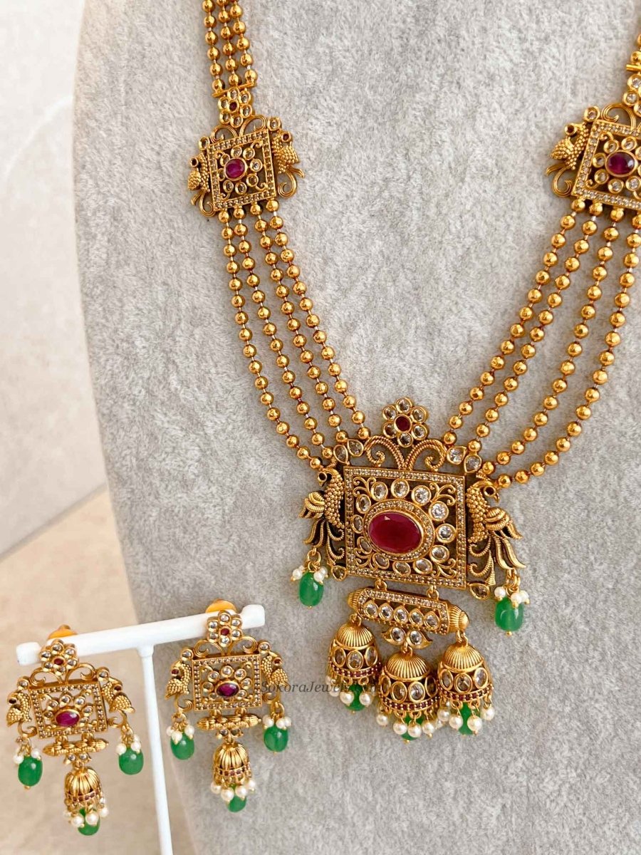 Traditional Square Pendant Mala Set with Ruby and Green Stones - SOKORA JEWELSTraditional Square Pendant Mala Set with Ruby and Green Stones