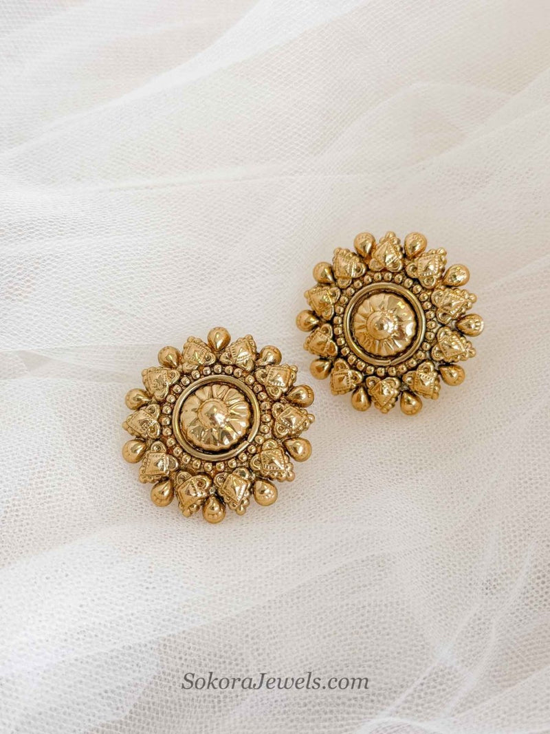 Traditional Temple Gold Statement Stud Earrings - SOKORA JEWELSTraditional Temple Gold Statement Stud Earringsstuds and tops