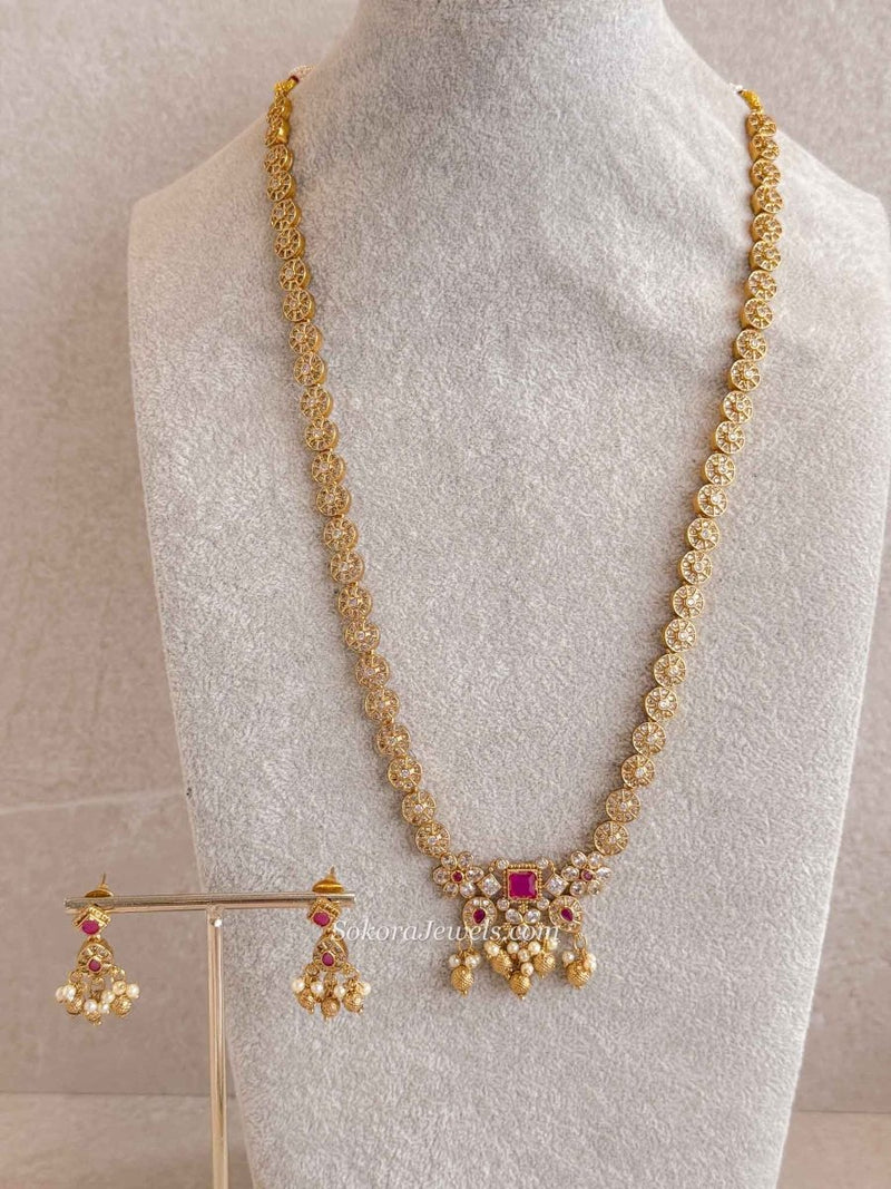 Traditional Zircon Mala Set with Ruby Stones - SOKORA JEWELSTraditional Zircon Mala Set with Ruby Stones