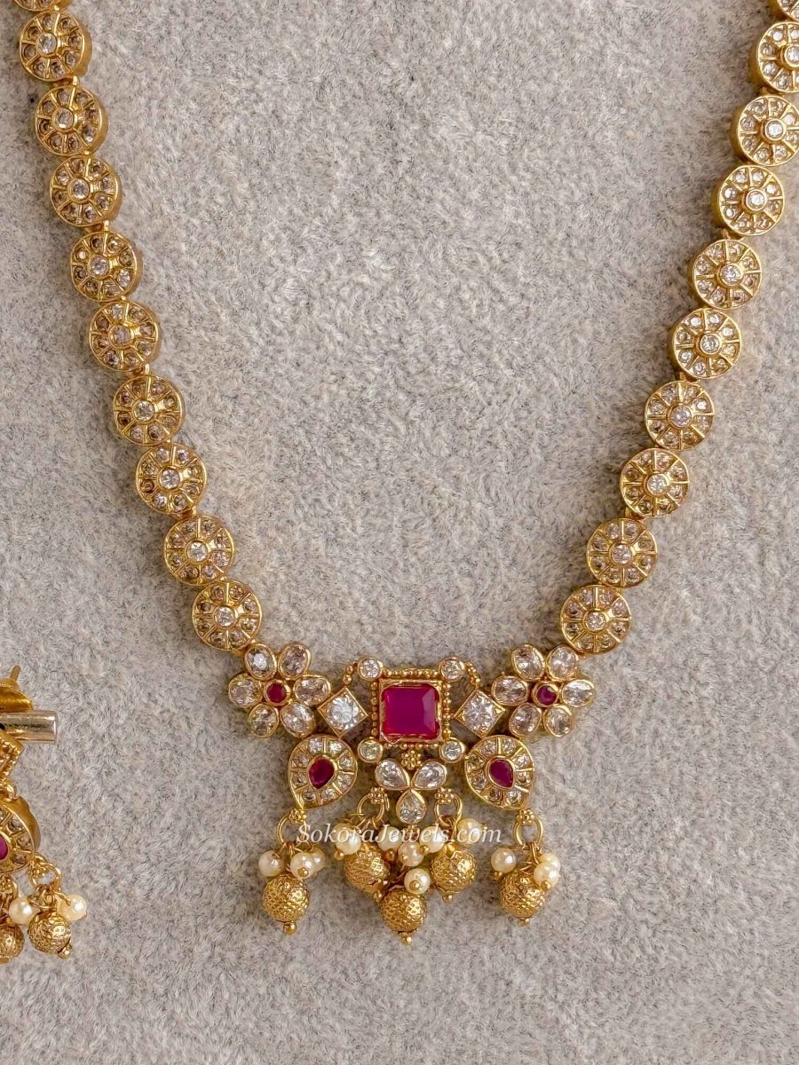 Traditional Zircon Mala Set with Ruby Stones - SOKORA JEWELSTraditional Zircon Mala Set with Ruby Stones
