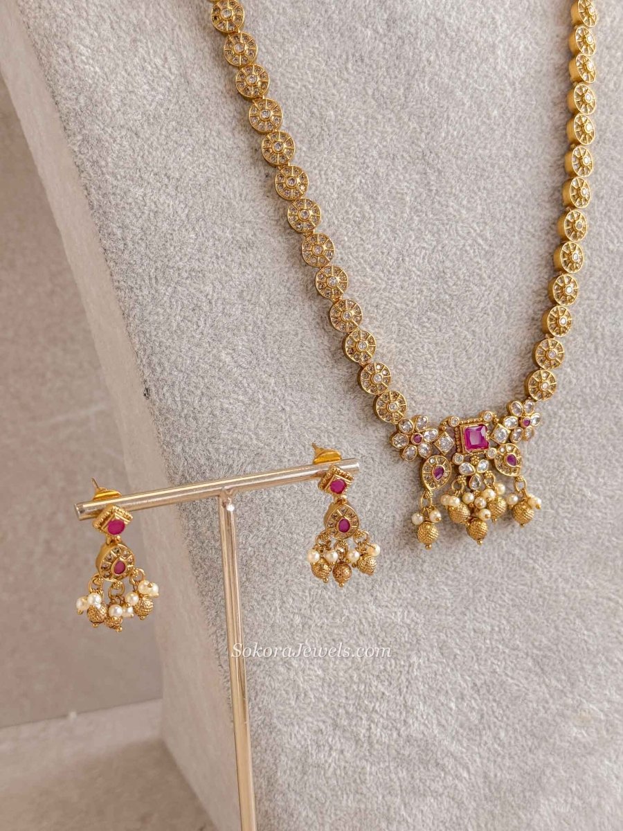 Traditional Zircon Mala Set with Ruby Stones - SOKORA JEWELSTraditional Zircon Mala Set with Ruby Stones