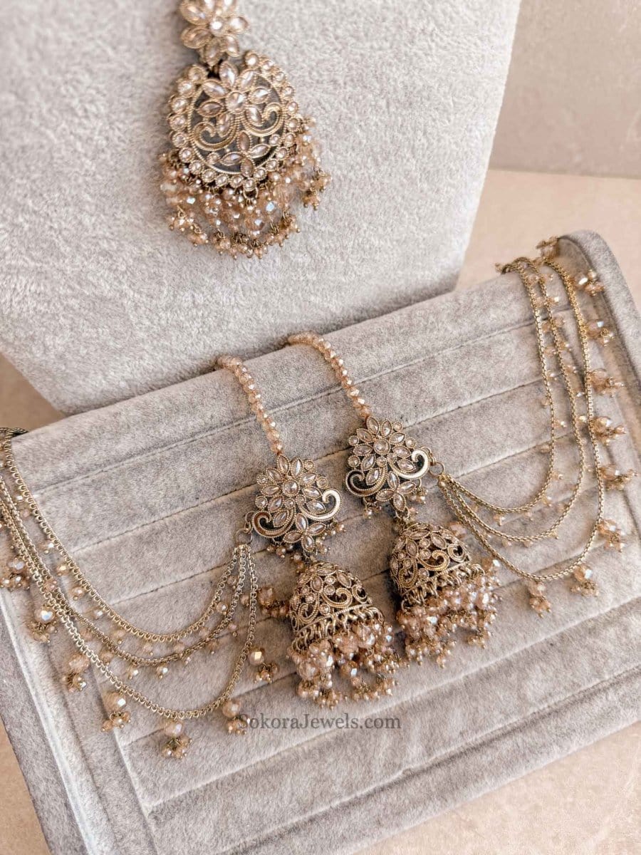 Uzma Bridal Necklace with Jhumka Earrings - Golden - SOKORA JEWELSUzma Bridal Necklace with Jhumka Earrings - Goldencustom