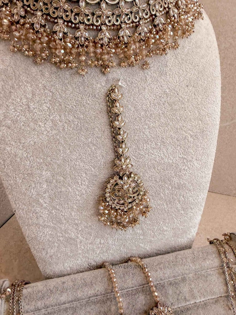 Uzma Bridal Necklace with Jhumka Earrings - Golden - SOKORA JEWELSUzma Bridal Necklace with Jhumka Earrings - Goldencustom