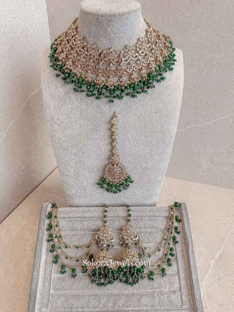 Uzma Bridal Necklace with Jhumka Earrings - Green - SOKORA JEWELSUzma Bridal Necklace with Jhumka Earrings - Greencustom