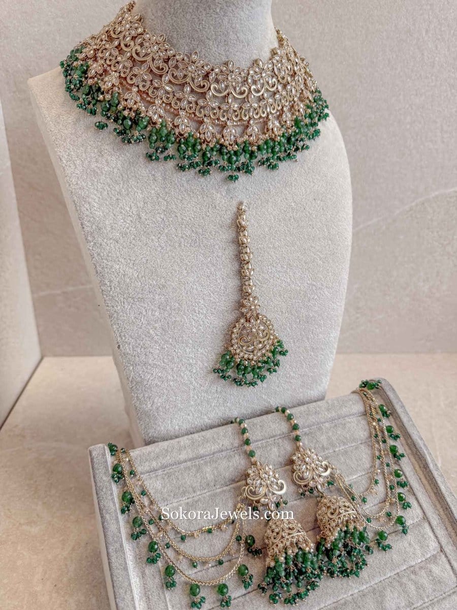 Uzma Bridal Necklace with Jhumka Earrings - Green - SOKORA JEWELSUzma Bridal Necklace with Jhumka Earrings - Greencustom