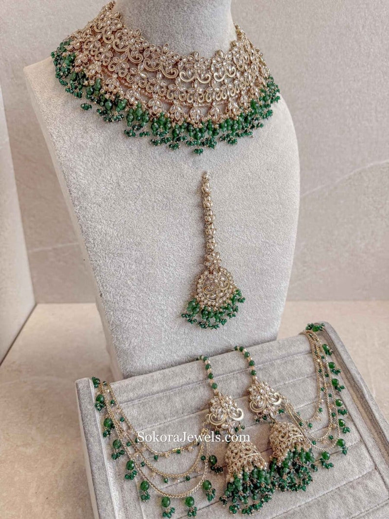 Uzma Bridal Necklace with Jhumka Earrings - Green - SOKORA JEWELSUzma Bridal Necklace with Jhumka Earrings - Greencustom