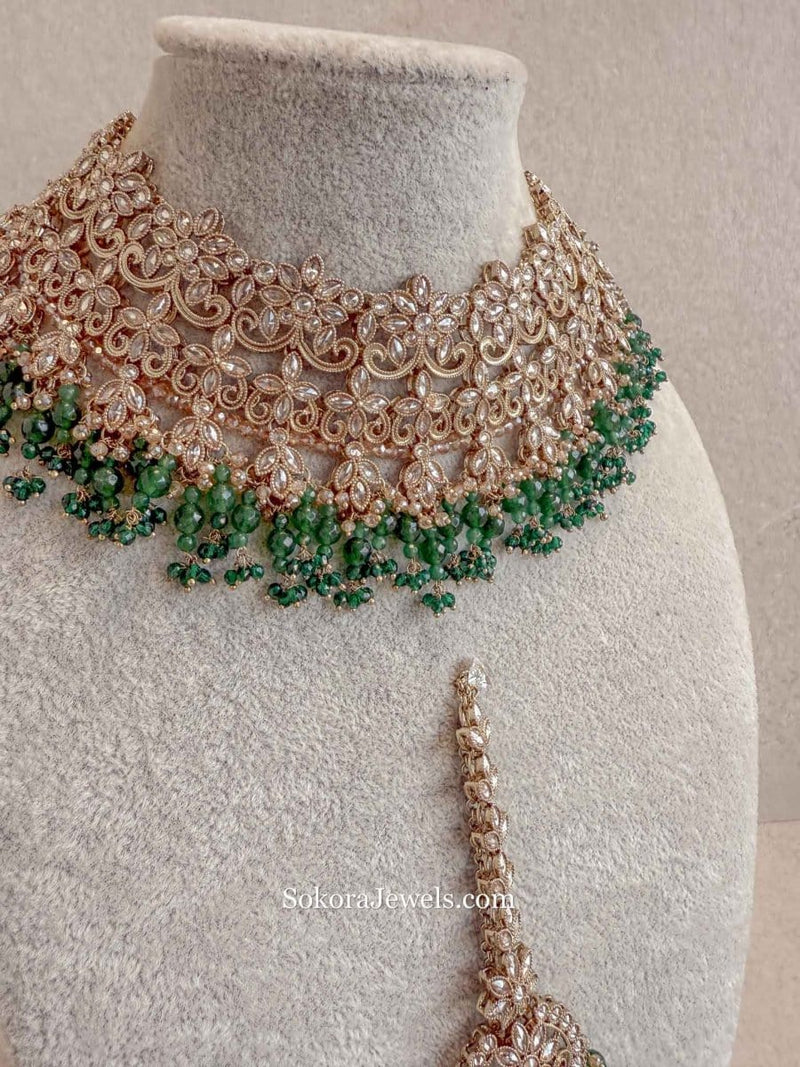 Uzma Bridal Necklace with Jhumka Earrings - Green - SOKORA JEWELSUzma Bridal Necklace with Jhumka Earrings - Greencustom