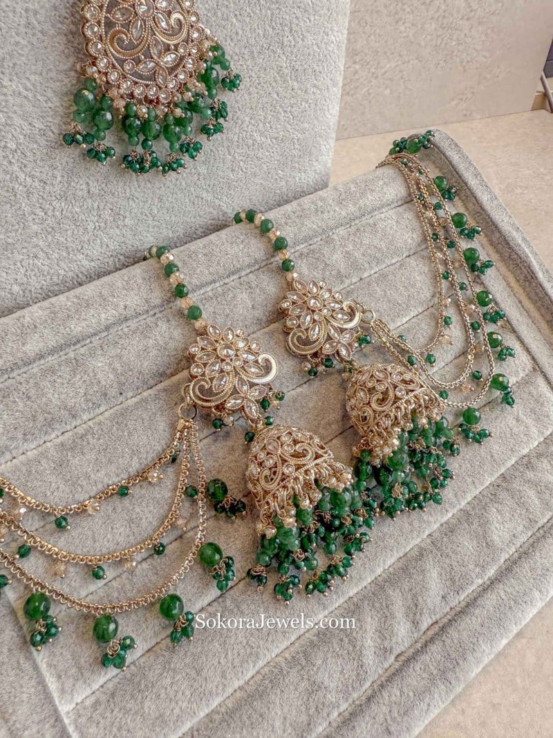Uzma Bridal Necklace with Jhumka Earrings - Green - SOKORA JEWELSUzma Bridal Necklace with Jhumka Earrings - Greencustom