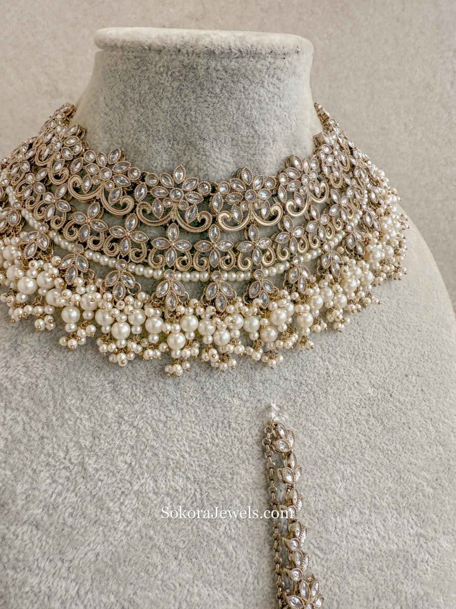 Uzma Bridal Necklace with Jhumka Earrings - Pearl - SOKORA JEWELSUzma Bridal Necklace with Jhumka Earrings - Pearlcustom