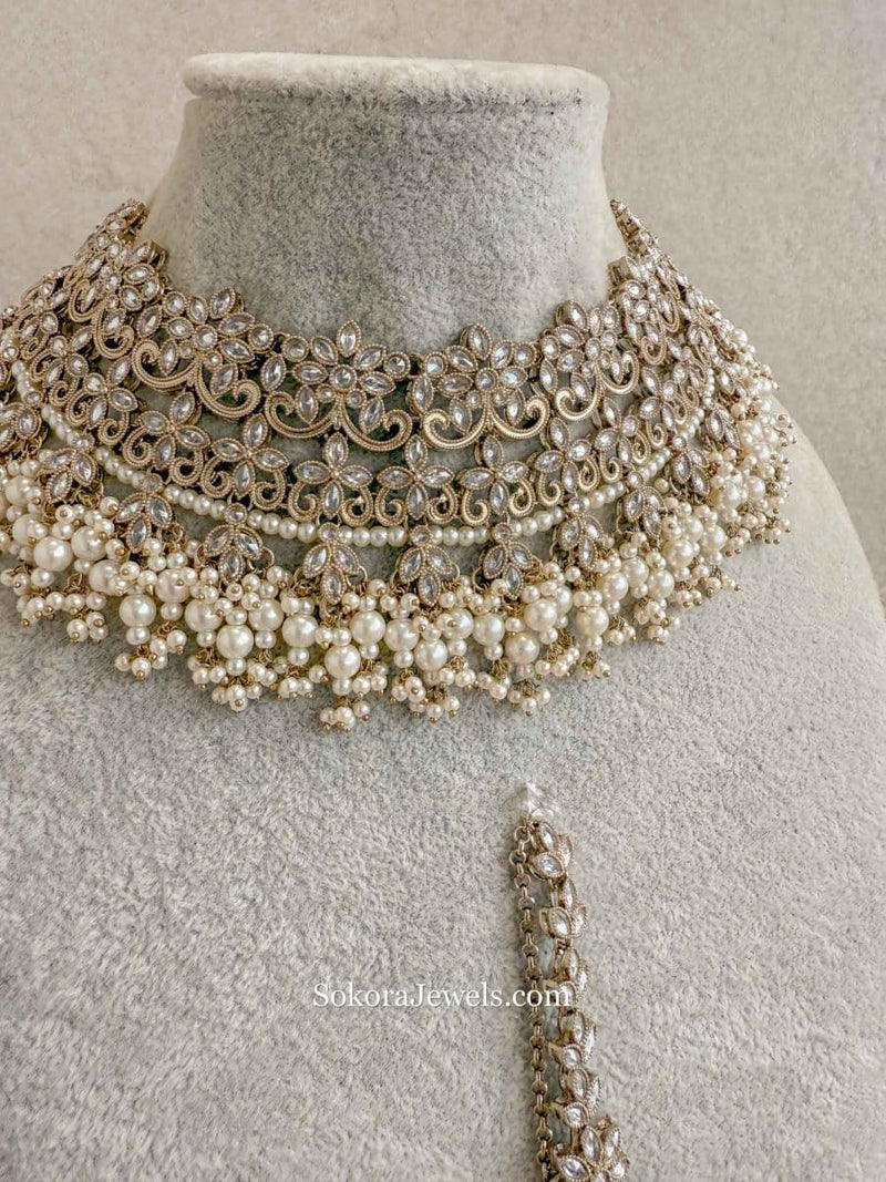 Uzma Bridal Necklace with Jhumka Earrings - Pearl - SOKORA JEWELSUzma Bridal Necklace with Jhumka Earrings - Pearlcustom